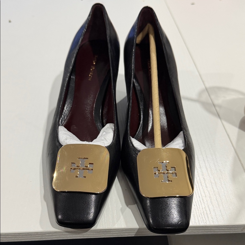 Tory Burch Black Flats with Gold Logo Accent